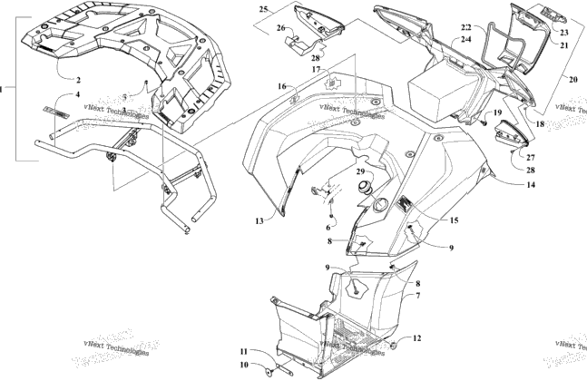 Rear Rack, Body Panel, Footwell, And Taillight Assemblies