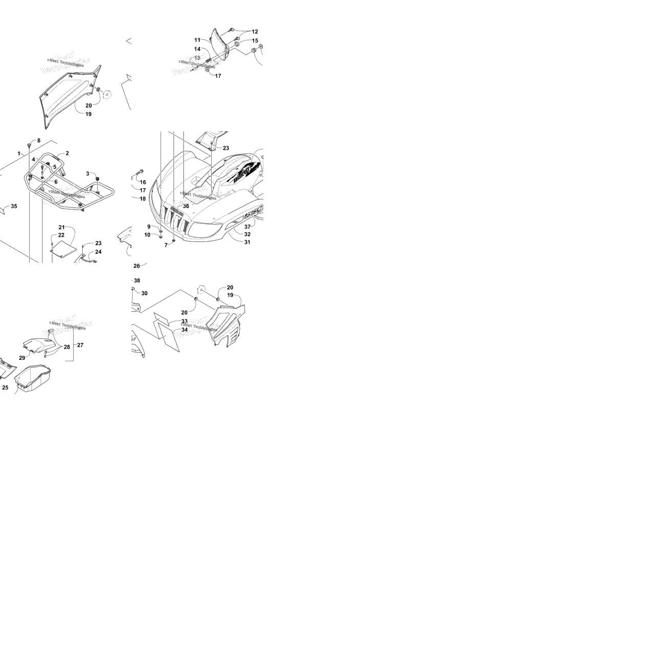 Front Rack, Body Panel, And Headlight Assemblies