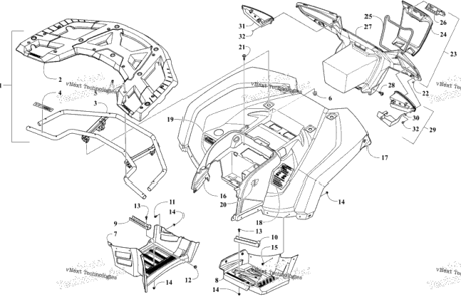 Rear Rack, Body Panel, Footwell, And Taillight Assemblies