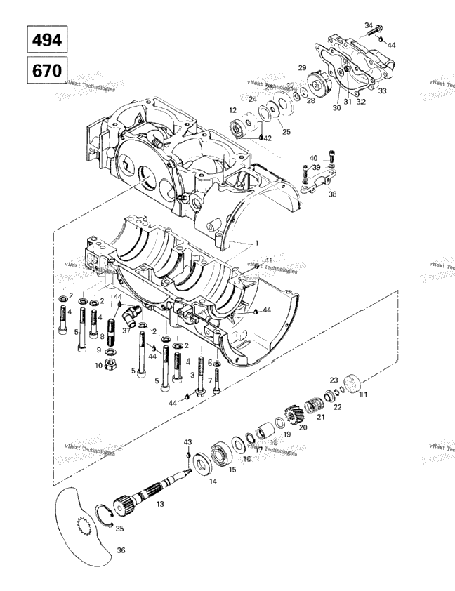 Crankcase, Rotary Valve, Water Pump (494, 670)