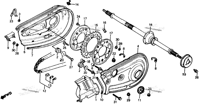 185/200 Rear Wheel Axle + Chain Case 80-82