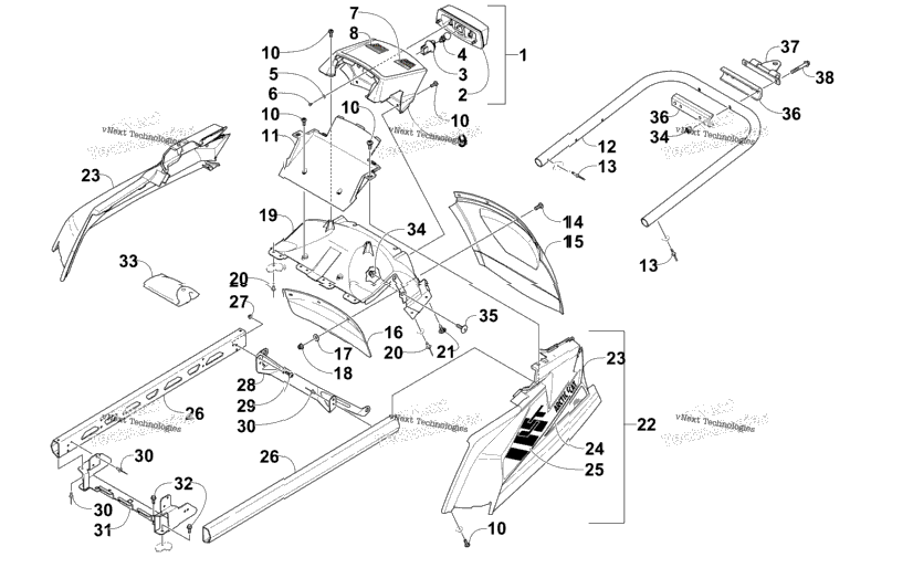 Rear Bumper, Hitch, Rack Rail, Snowflap, And Taillight Assembly