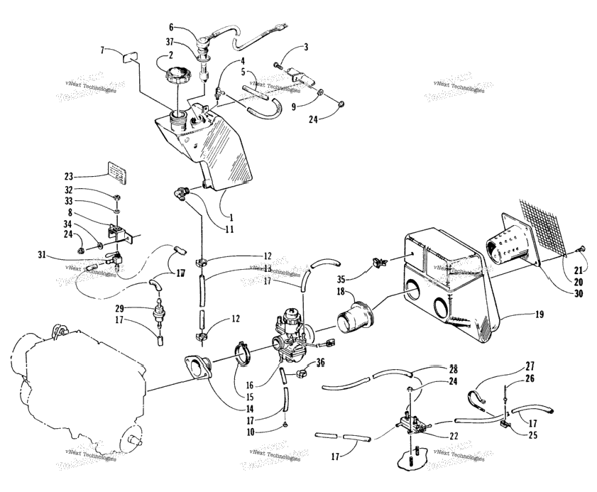 Oil Tank, Carburetor, Fuel Pump, And Silencer