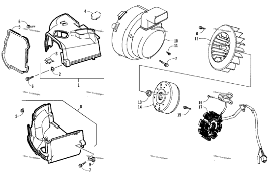 Stator, Flywheel, And Engine Shroud Assemblies