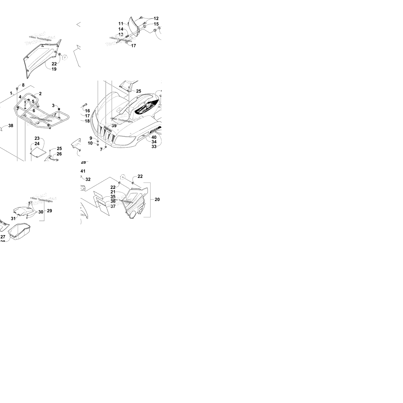 Front Rack, Body Panel, And Headlight Assemblies