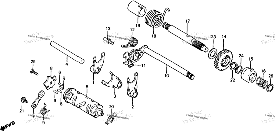 Gearshift Drum + Gearshift Fork + Kick Starter Spindle