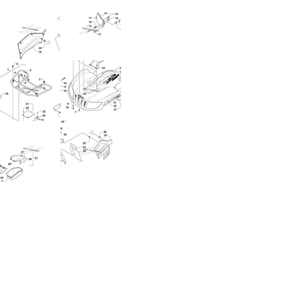 Front Rack, Body Panel, And Headlight Assemblies