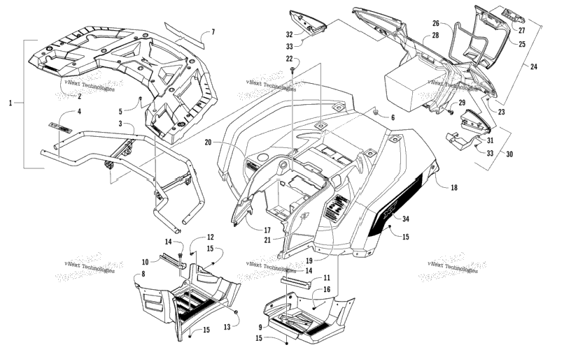 Rear Rack, Body Panel, Footwell, And Taillight Assemblies