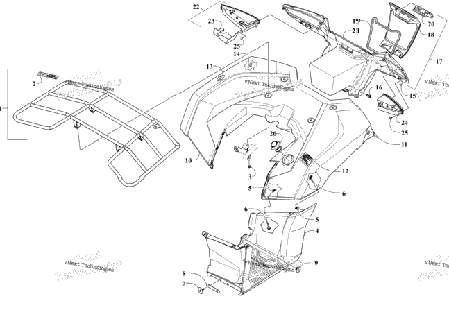 Rear Rack, Body Panel, Footwell, And Taillight Assemblies