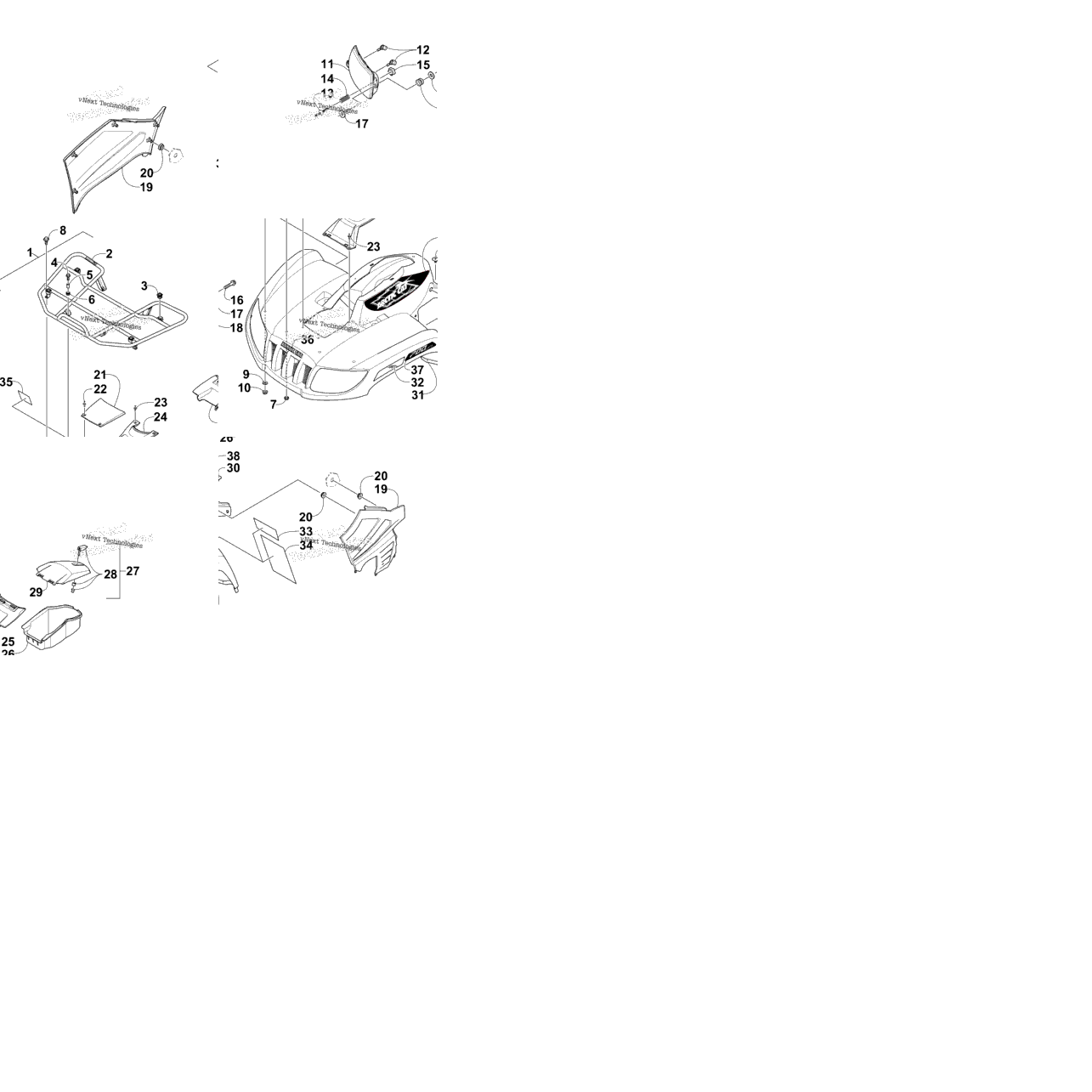 Front Rack, Body Panel, And Headlight Assemblies